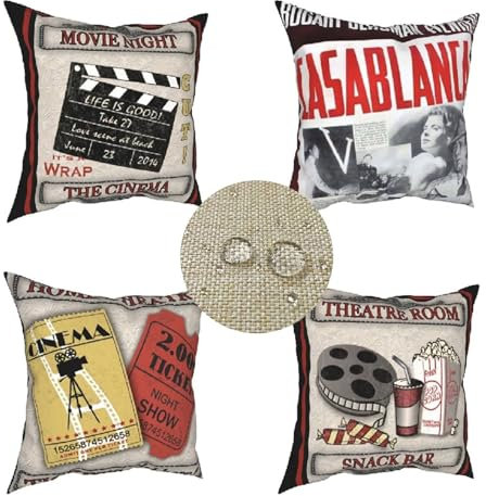 Kissenbezug Set mit 4 Retro Kissenbezügen 75x75cm Leinen Filmplakat Doppelseitig Kissenbezüge Wasserdichter Outdoor Kissen für Deko Wohnzimmer/Bett/Auto/Sofakissen, Geschenk für Frauen W-3815