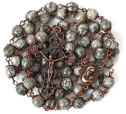 Nazareth Store Rosenkranz im Vintage-Design, Natursteinperlen, 8 mm, Halskette mit Heiliger Erde, Medaille und Kreuz, Kruzifix, religiöse Rosenkränze