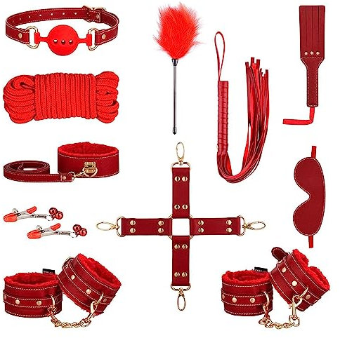 UTIMI Fesseln Set Extrem BDSM - Handschellen Augenbinde Peitsche Nippelklemmen Knebel 11 Stück Erotik SM Sex Spielzeug für Paare Extremer Anfänger und erfahrene Paare