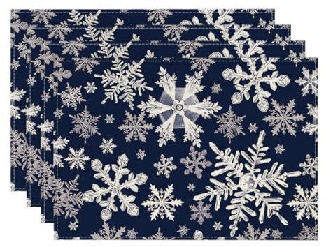 Artoid Mode Dunkel Blau Schneeflocken Weihnachten Platzsets 4er Set, 30x45cm Winter Xmas Tischset Waschbar Platzdeckchen Küche Party Deko