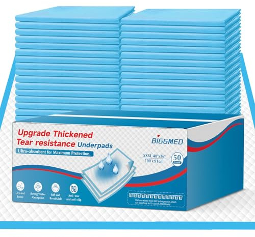 BIGGMED Tear-Resistant Incontinence Bed Pads 40'' x 36'' (50 Count ) with 130 Gram Heavy Duty Disposable Underpads Chucks Pads for Adults, Kids & Elderly | Protection Pads for Bed, Sofa, and Chair