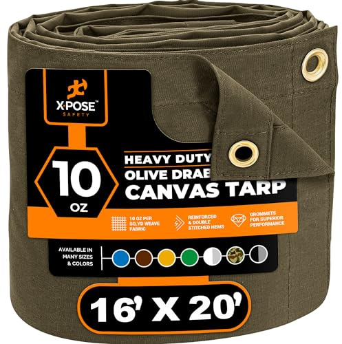 Xpose Safety Canvas Tarp - 10oz Olive Drab Canvas Tarps Heavy Duty Water Resistant with Brass Grommets- Multipurpose Outdoor Tarpaulin for Camping, Canopy, Trailer, Equipment Cover 16' x 20'