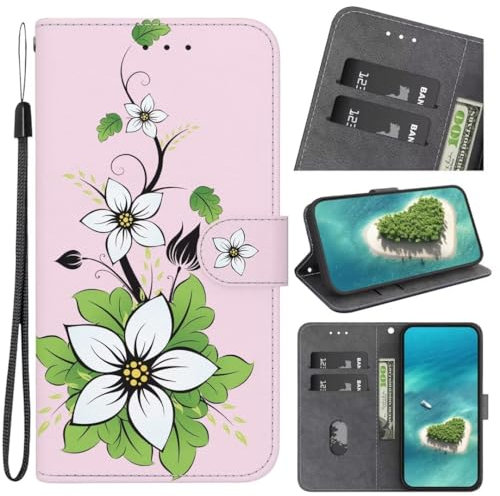 KRjcsfhy Hülle Case für Samsung Galaxy S8, Lederhülle [ Premium Echtleder] [RFID Blocker] [Kartenfach] [Magnet] TPU Stoßfeste Klapphülle TPU Schutz für Samsung Galaxy S8,Lilienblüte
