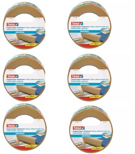 6 Rollen tesa 56172, Doppelseitiges Universal Klebeband, 50mm x 25m