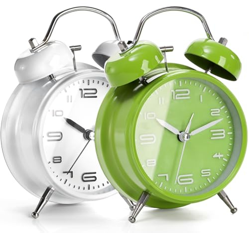 Cididu 2 Pack Twin Bell Alarm Clock for Deep Sleepers, 4'' Loud Alarm for Adults Teens Kids, Silent Non-Ticking Second Hand, Easy to Read 3D Dial with Backlight for Bedroom, Home (Green and White)