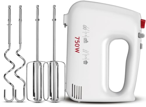 MPM Handmixer 750W - Rührgerät mit 5 Stufen + Turbo, Rührzubehör - MMR-19/B | Handrührgerät mit Edelstahl Rührbesen und Knethaken, Spülmaschinenfest, Aufsatzsicherung, Auswurftaste, Zubehörhalter