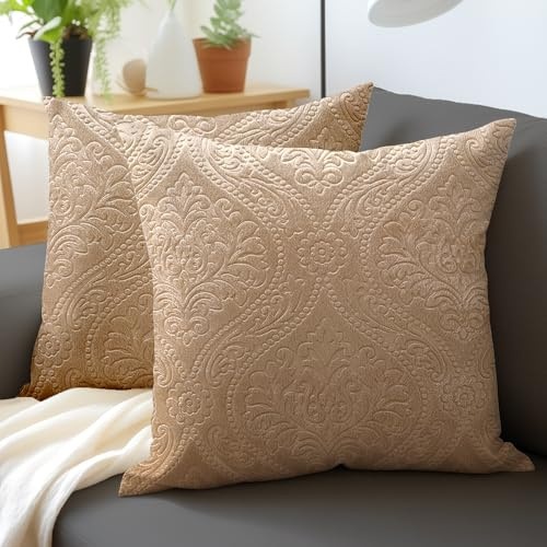 Encasa XO Samt Kissenbezug, ohne Füllung 40x40 cm Beige | Geprägtes Damast-Muster | Weicher Plüsch-Samt | Verdeckter Reißverschluss | Langlebig & Waschbar | 2er-Set