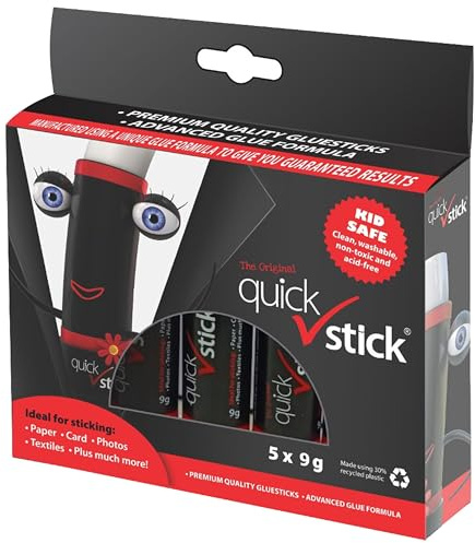 Quick Stick Glue Sticks Original 9g, Pack of 5 Glue Sticks, Quality Adhesive Gluestick, Ideal Strong-hold for Paper, Card, Textiles, Crafting Glue, Scrapbooking, Office & School supplies, Homeschool