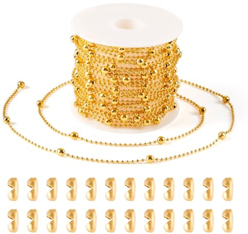 Cheriswelry 16.4 Ft(5 Meters) Brass Ball Chains Golden Metal Beaded Roller Chain with 40pcs 304 Stainless Steel Ball Chain Connectors for DIY Necklaces Making