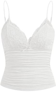 GORGLITTER Camisole Y2K pour femme à bretelles spaghetti Tops Crop Top Haut à col en V avec dentelle contrastée, Blanc., L