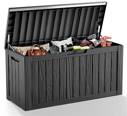 EasyUp 85 Gallon Deck Box Waterproof, Outdoor Storage Box Lockable for Patio Cushions, Garden Tools Accessories with Hydraulic Rod, UV-Resistant and Durable for Patio, Garden Use