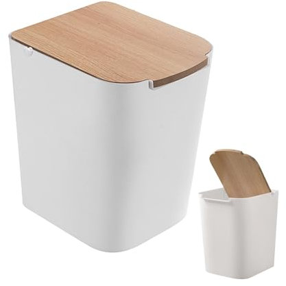 Contenedor de basura con tapa abatible - Bote de basura abatible | Papelera con tapa de madera abatible | Pequeño cubo de basura con tapa abatible de madera, perfecto para dormitorio, baño y cocina.
