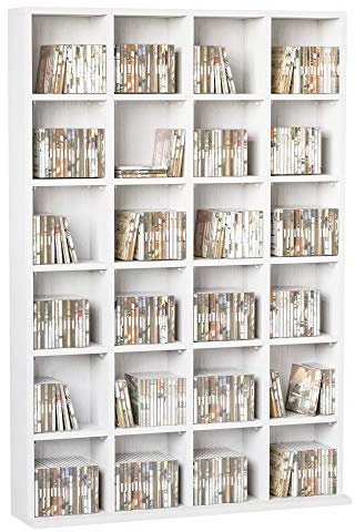 HOMCOM CD- och DVD-förvaring, multimedieförvaring med 24 fack, maximal kapacitet. 456 CD-/336 DVD-skivor, trähylla med justerbara hyllor, 89 x 20 x 130,5 cm, vit