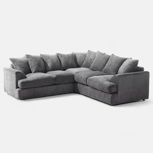 Germodify Fergasun 5-Seater Jumbo Cord Corner Sofa Grey, Corduroy Fabric + Footstool (5 SEATER)