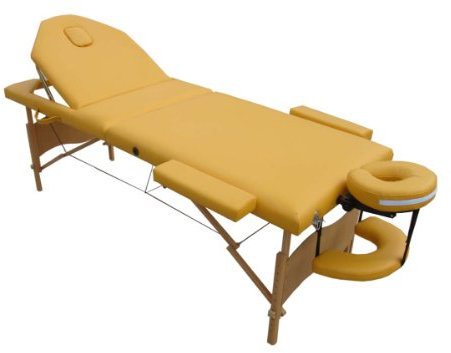 Mucola Massageliege 3 Zonen Massagetisch Holz| klappbar und höhenverstellbar | Portable Massagebank inkl. Zubehör Kopfstütze, Armlehnen und Tragetasche - Gelb