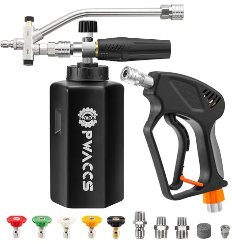 PWACCS Dual Foam Cannon with Pressure Washer Short Gun, Foam Cannon Dual Connector Accessory, Car Wash Foam Gun Kit with 1/10.2 cm Quick Connector, 5 Power Washer Sprayer Nozzles, 1.5 Liter, 5000 PSI