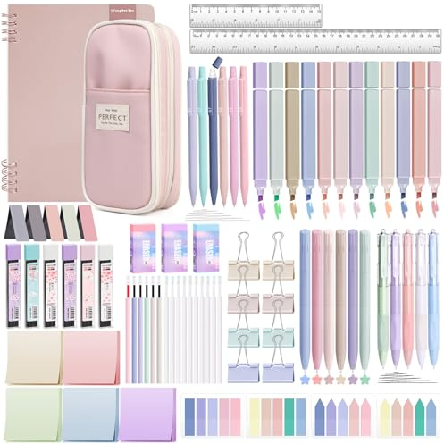 YIBONIKA 80 Pieces Cosmetic Stationery with Pink Case and Notebook, 12 Pastel Highlighters, 6 Coloured Pens, 5 Black Pens, 6 Mechanical Pencils, Stationery Set for School and Office