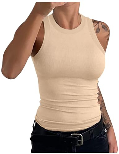 Top Damen Sommer Sexy U-Ausschnitt Basic Spaghetti Tops Tanktop Gerippt Slim Fit Einfarbig Ärmellose Oberteile