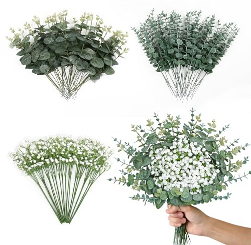Weldomcor 100 Stück Kunstblumen Weiß Schleierkraut Künstlich Gypsophila Blumen Grün Blätter Künstliche Eukalyptus Deko Fake Blumen Kunstblumenstrauß für DIY Blumenstrauß Hochzeit Party Tischdeko