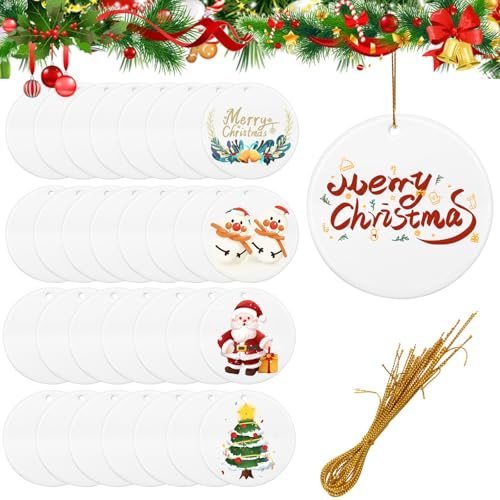Soleeya 30 Pack Sublimation Ceramic Blanks, 3 inch Round Sublimation Ceramic Ornaments, Ceramic Discs for Heat Press Printing, Sublimation Blanks Bulk for Handmade DIY Christmas Tree Decoration
