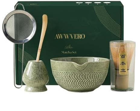 AWWVERO Matcha Set, Complete Matcha Kit with Bamboo Whisk, Ceramic Bowl, Spoon and Stand, Japanese Tea Ceremony Set for Cafe‑Style Matcha, Gift Ready(5, Matcha Colour)