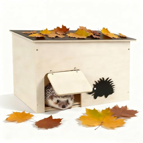 JUJOYBD Igelhaus Holz mit Rattenklappe, Groß Igelhotel mit Boden und Labyrintheingang - Igelhütte Hedgehog House für Igel Kleintiere zum Winterschlafen und Nisten