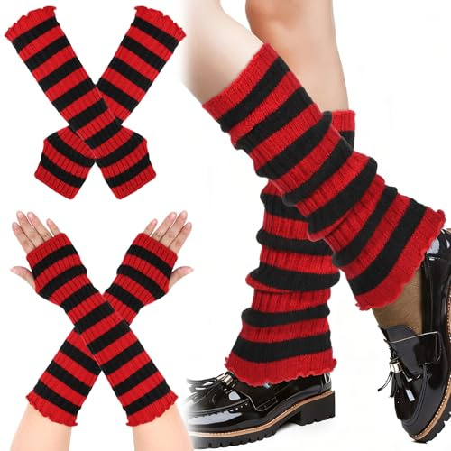 Tucnoeu 4pcs Armstulpen Beinwärmer, Armstulpen Damen, Armwärmer, Rot Schwarz Gestreift, Für Punk Gothic Rock, Frauen