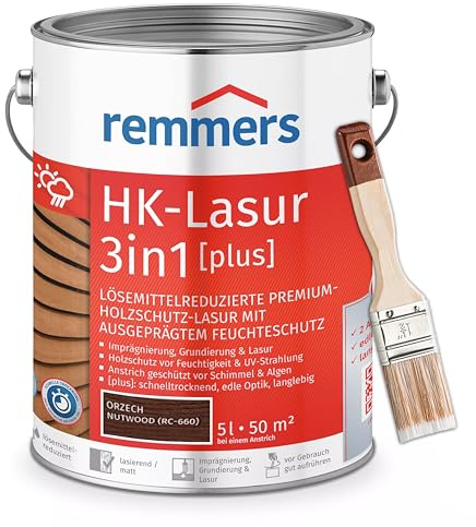 RemmersSet HK-Lasur 3in1 Plus + Pinsel Bandloo Set – Holzlasur für Außenbereich: Imprägnierung, Grundierung & Lasur in einem, Schutz vor Feuchtigkeit & UV-Strahlung, Varnish (Nussbaum, 5 L)