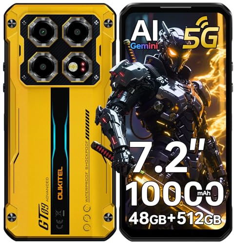 OUKITEL WP60 Rugged Smartphone 5G, 48GB+512GB Telefono Indistruttibile, 7.2 HD+ Rugged Phone, 10000mAh Cellulare Antiurto, 108MP+32MP, Dimensity 7025, 5G Dual SIM/Face ID/NFC/Fingerprint, Giallo