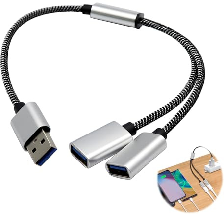 USB Splitter 2 Port, USB y Splitter Adapter Male to Double Female Extension Cord Adapter 1 In 2 Out Data Power Charging Extension Cord Converter Compatible with Laptop Car for Flash Drive Keyboard