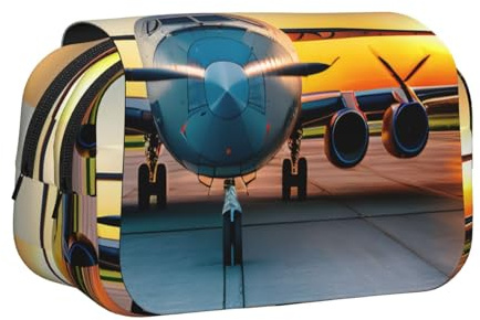 ABYchdd Aircraft Plane At Sunsets Print Double Clamshell Pen Case, Oxford Cloth Pouch With Zipper Pockets, Ideal Present