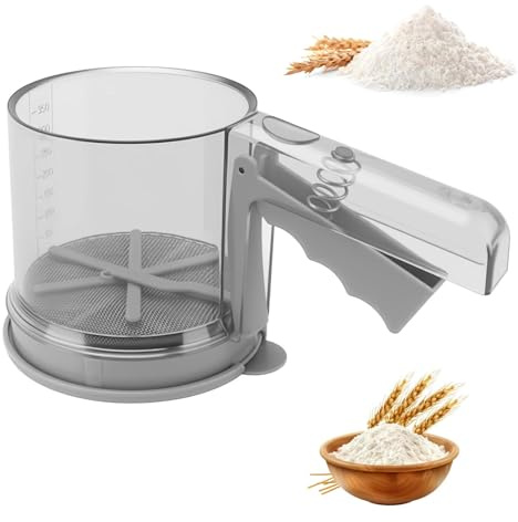 Gykutix Tamizador de Harina de Acero Inoxidable Tamiz de Harina de Una Mano Espolvoreador Cacao Colador de Cocina con Escala Capacidad de 350 Gramos Tamiz Fino de Mano para harina, Glas