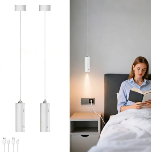 KZT Lot de 2 suspensions LED tactiles à intensité variable - 3000 K - Blanc chaud - Sans prise d'alimentation - Rechargeable avec USB-C - Lampe suspension moderne pour chambre à coucher, table à