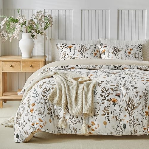 Lekesky Bettbezug für Betten mit 180 cm, Bettbezug 260 x 240 cm, mit Blumen und Blättern, Mikrofasermuster, 3-teilig, bestehend aus 1 Bettbezug 260 x 240 cm + 2 Kissenbezüge 65 x 65 cm, Weiß