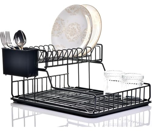 TheOwnas 2 Tier Dish Drainer Rack. Removable Top Plate Rack. Metal Drying Rack with Drip Tray and Cutlery Holder. Rustproof Space-Saving Kitchen Rack. Modern Design Dish Kitchen Organiser.