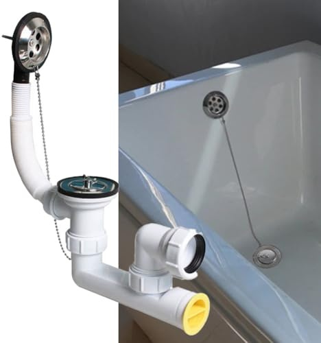 Bathtub Waste Kit with Overflow Tube, 48–58 mm Adjustable Drain Hole Fit, PP+PVC+Stainless Steel Construction, White