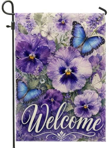 Bandera de jardín de pensamiento, flores de mariposa y flores de primavera violeta de doble cara, banderas decorativas para patio, césped, porche, entrada, camping, 12 x 18 pulgadas