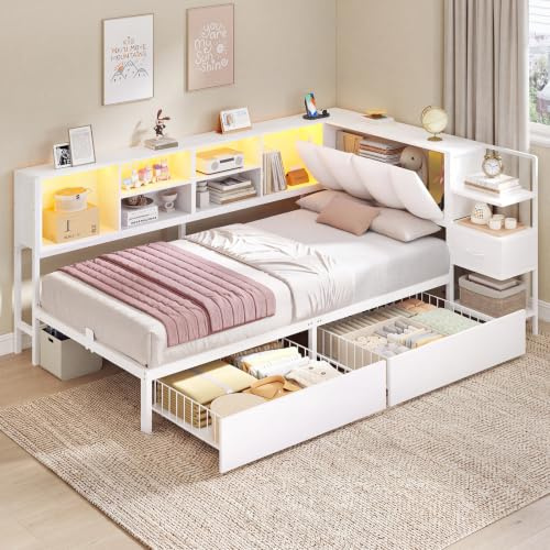 mojiasion Jugendbett 90x200 in Weiß mit LED, Stauraum & Nachttisch | Polster-Einzelbett mit 2 Schubladen, USB/Typ-C, klappbarem Kopfteil, L/R montierbar, o. Matratze
