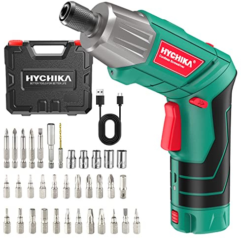 Cordless Screwdriver, HYCHIKA 4V 2.0Ah Electric Screwdriver Rechargeable Screw Gun & Bit Set, Front LED and Rear Flashlight, Ratchet Wrench, DC Charging with USB Cable, 36pcs Accessories