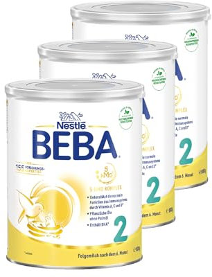 BEBA 2 - Folgemilch nach dem 6. Monat, Mit 5 HMO Komplex, Altersgerecht angepasster Proteingehalt, Nur Laktose, Ohne Palmöl, Ohne Fischöl, Babynahrung, Baby-Milchpulver, 3er Pack (3 x 800g)