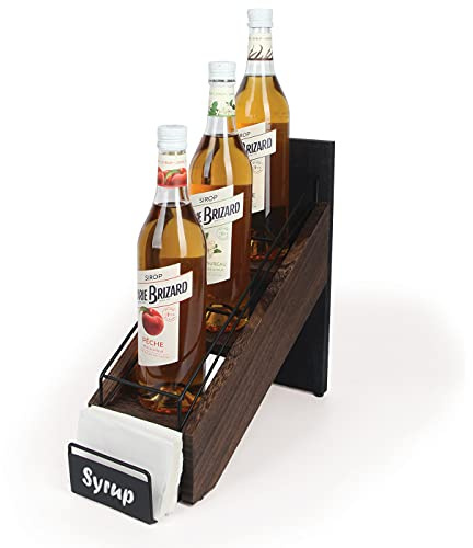 J JACKCUBE DESIGN Rustic Wood Syrup Bottle Holder, Wire 3 Compartment Shelf Organizer Rack, Storage for Syrup, Wine Bottles, Dressings, Juice and Napkins -MK710A (Rustic Wood)