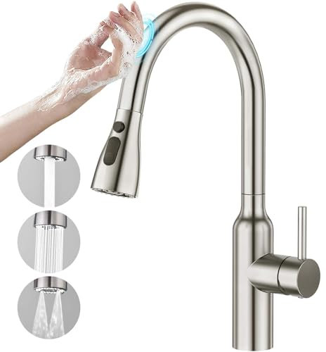 CREA Touch Sensor Wasserhahn Armatur Küche ausziehbar, Küchenarmatur mit Brause drei Wasserstrahlarten, Hochdruck Einhebelmischer Spültischarmatur 360° Schwenkbar aus Edelstahl, gebürstet matt