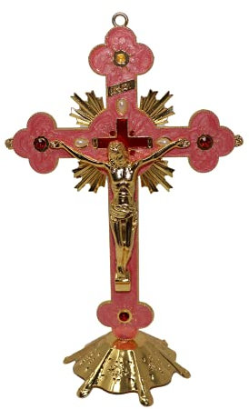 Christian Holy Cross Crucifix With Gold Metal Stand Table Home Altar Jesus Christ Gift (Large 29.5 x 18.5cm)