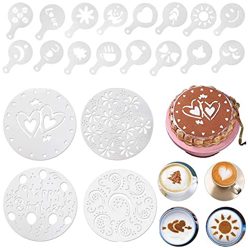 20 Pezzi Stencil per Torte，Birthday Cake Mold Decorare Decorativi Per Torte Stencil Spray a Forma di Cuore，per Cioccolato Motivi Fiore Primaverile Cuori Stelle Motivo Natalizio Happy Birthday