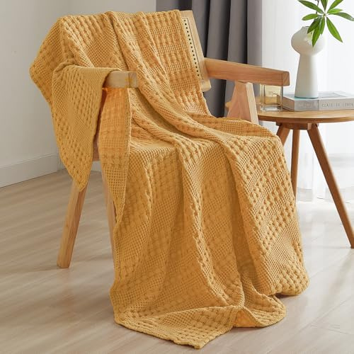 PHF 100% Cotton Waffle Weave Throw Blanket, Soft Lightweight Breathable Cozy Throws for Couch Bed Sofa, Luxury Aesthetic Christmas Blanket Gift for Home Decor & Office, 50x60, Pumpkin Orange