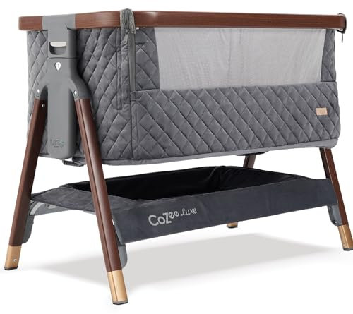 Tutti Bambini CoZee® Luxe Next To Me Crib & Standalone Baby Cot – Quilted Velvet Crib with 100% Cotton Jersey Lining - Foldable Baby Bed & Travel Cot with Mattress (0-6 Months) – Walnut/Grey
