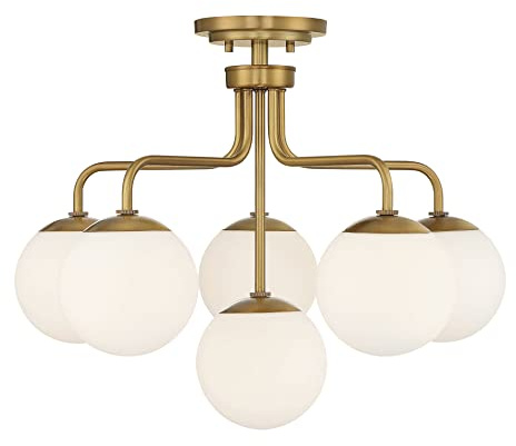 Savoy House 6-1950-6-322 Marco Mid-Century Modern Vintage White Opal Glass Semi-Flush, 6-Light 360 Total Watts, 18 H x 24 W, Warm Brass