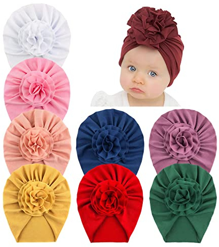 inSowni Confezione da 8 fiocchi per capelli morbidi ed elastici, motivo floreale, turbante, berretti, berretti, berretti, berretti, fasce larghe per la testa, accessori per neonate e bambini, bianco,