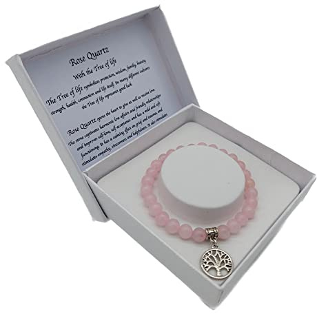 Bracelet en quartz rose fait à la main avec pendentif Yggdrasil arbre de vie dans une boîte cadeau