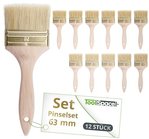 ToolSpace Platt penselset, 12 stycken 63 mm naturborst, bokträhandtag, lackpensel, lasyrborste, målarborst, stråkborste för trä, lack, vägg, färg, trälasyr dörrar, fönster, möbler, väggar, renovering